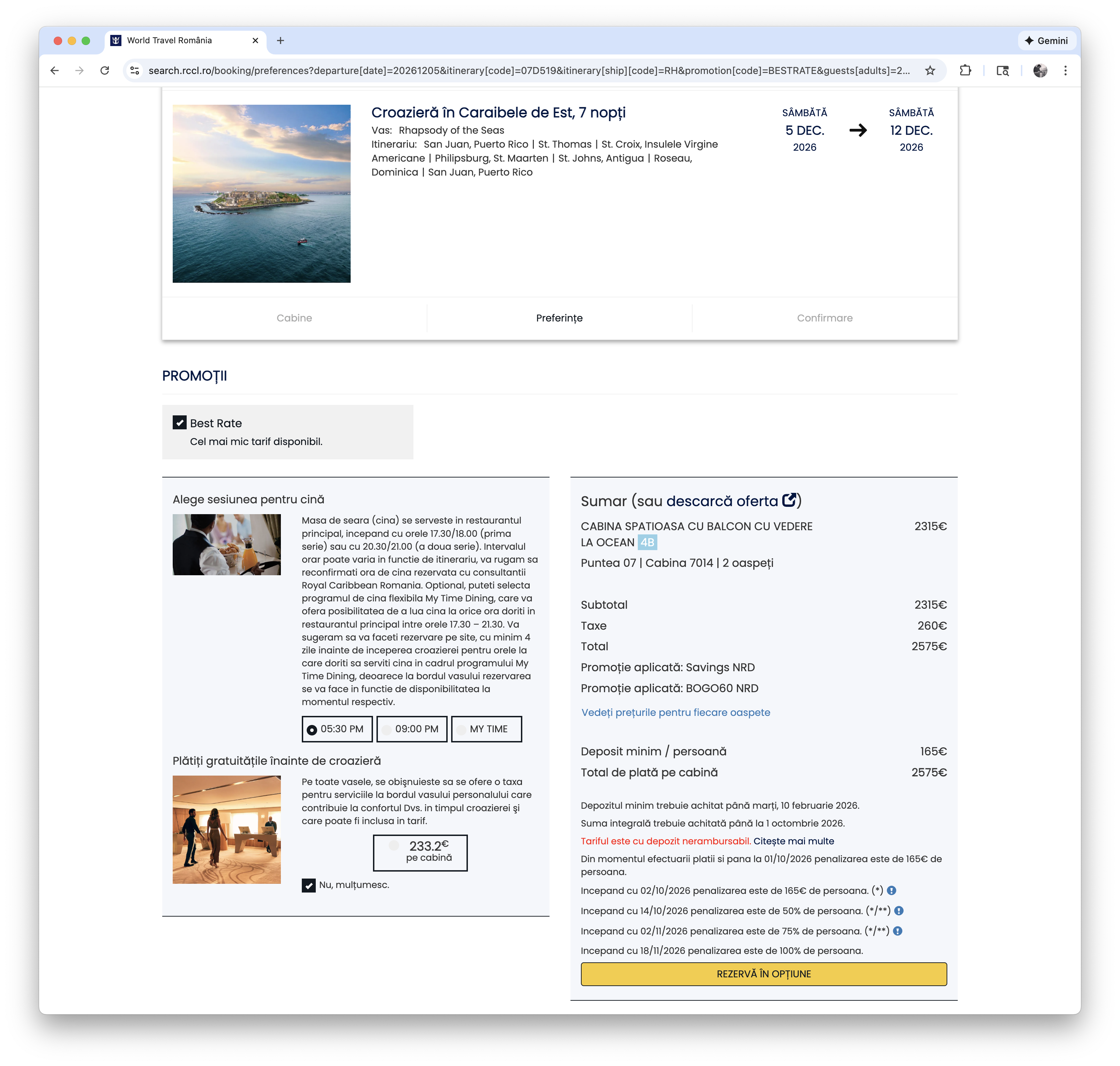 Pricing summary on rccl.ro